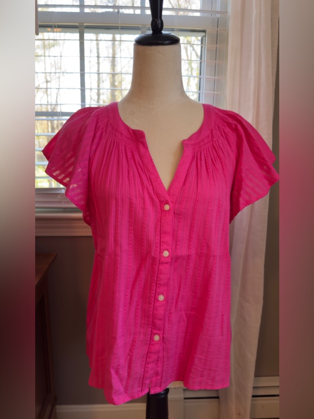 LOFT Bright Pink Button-Down Flutter Sleeve Top